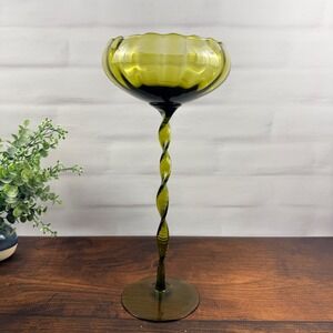 Empoli Italy Olive Green Glass Tall Compote Twisted Stem Pedestal Bowl
